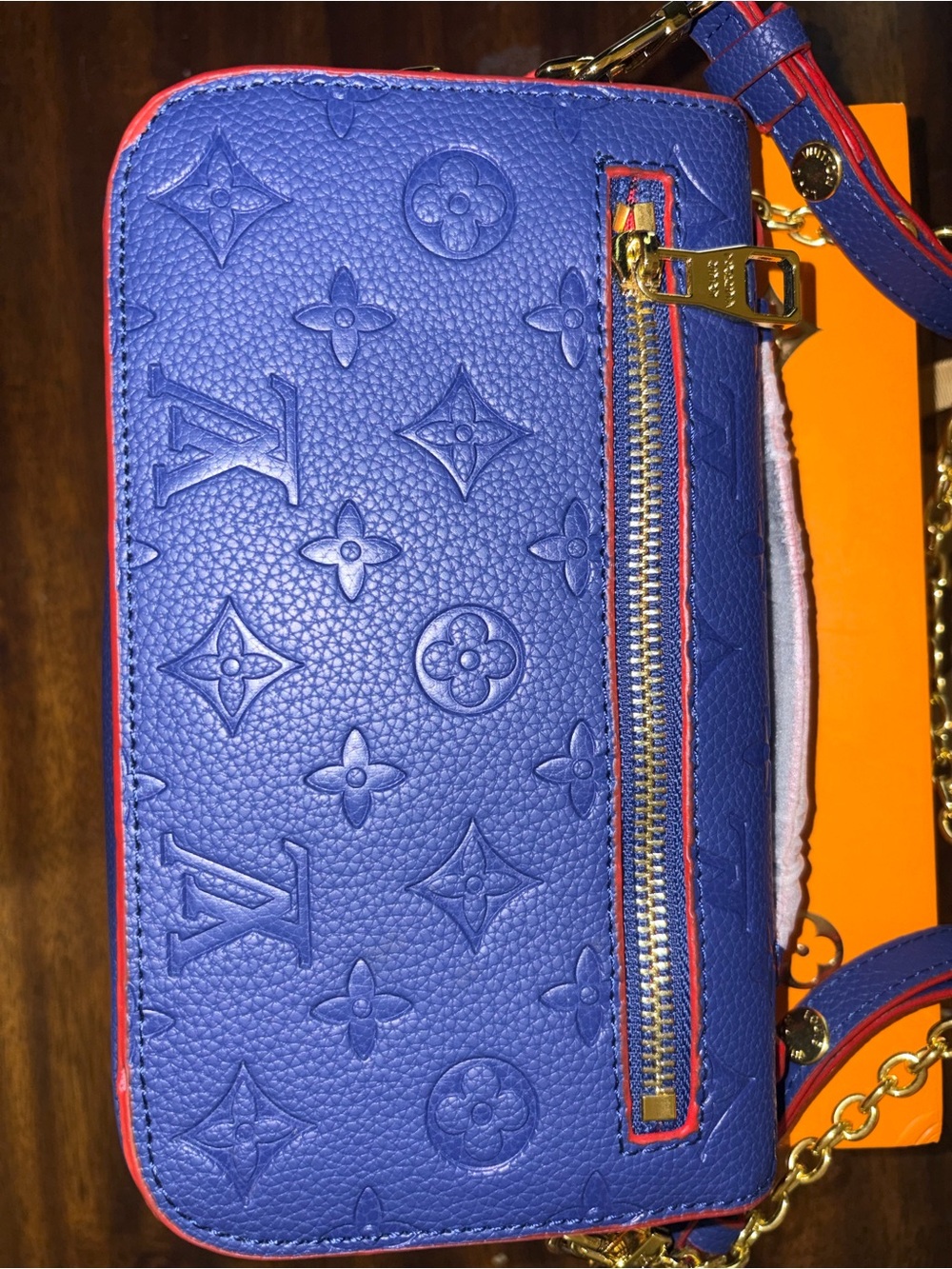 Louis Vuitton Blue Embossed Leather Shoulder Bag with Red Trim and Gold Hardware - Picture 5 of 6